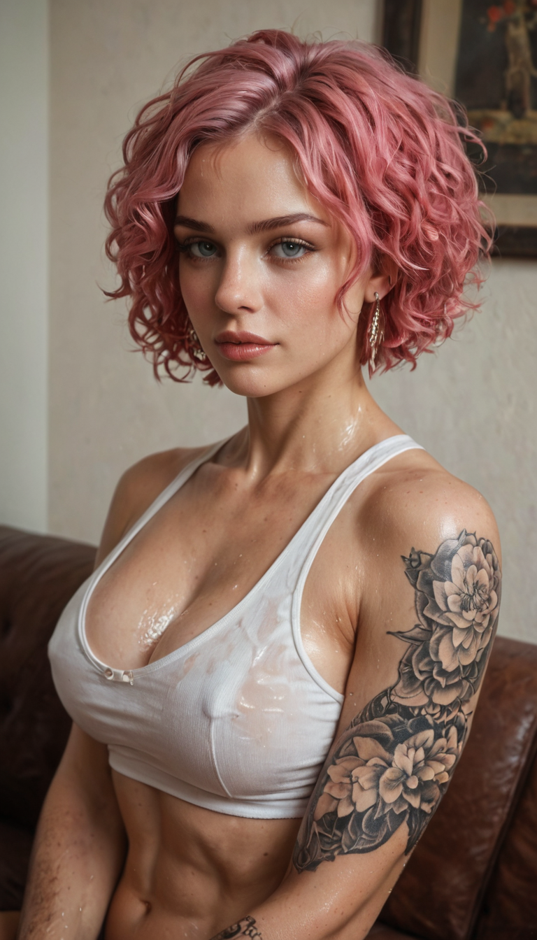 A muscular white girl with short pink hair and arm tattoos dominates a guy on the living room couch, grinding her wet cunt on his face while he laps at her clit desperately.