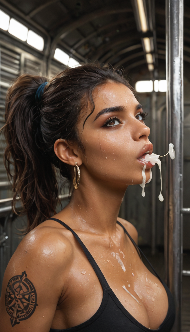 A toned Latina girl with dark ponytail and back tattoo runs a train with five guys in an abandoned warehouse, rotating between their cocks in her mouth and holes, covered in sweat and cum from head to toe.