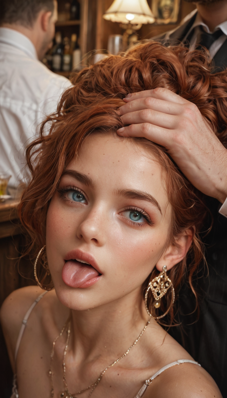 A petite French girl with bobbed auburn hair and ear gauges gives a rimjob in a fancy restaurant booth, tongue probing deep as her partner grips her head.