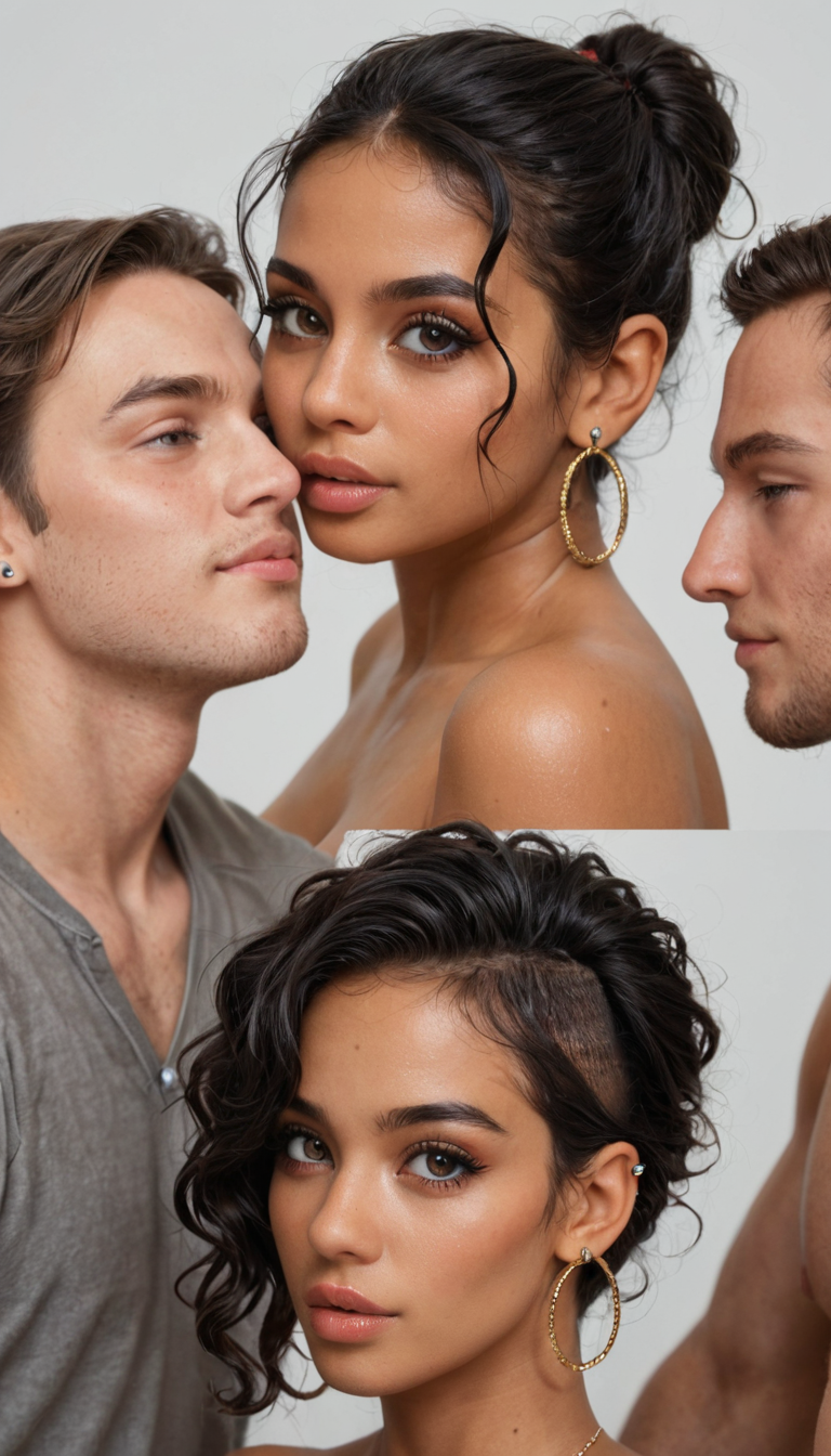 A curvaceous Latina girl with ponytailed black hair and multiple ear piercings hosts an orgy in a loft with four men, rotating positions from DP to airtight filling every hole.