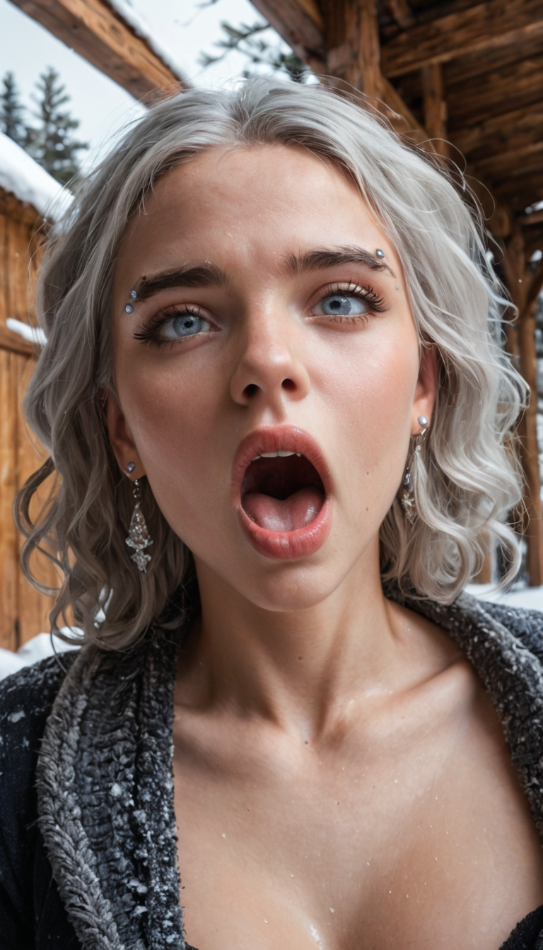 A robust Russian girl with platinum hair and eyebrow piercing gets fisted deep in her sopping cunt by her lover in a snowy cabin, screaming in pleasure as she orgasms violently.