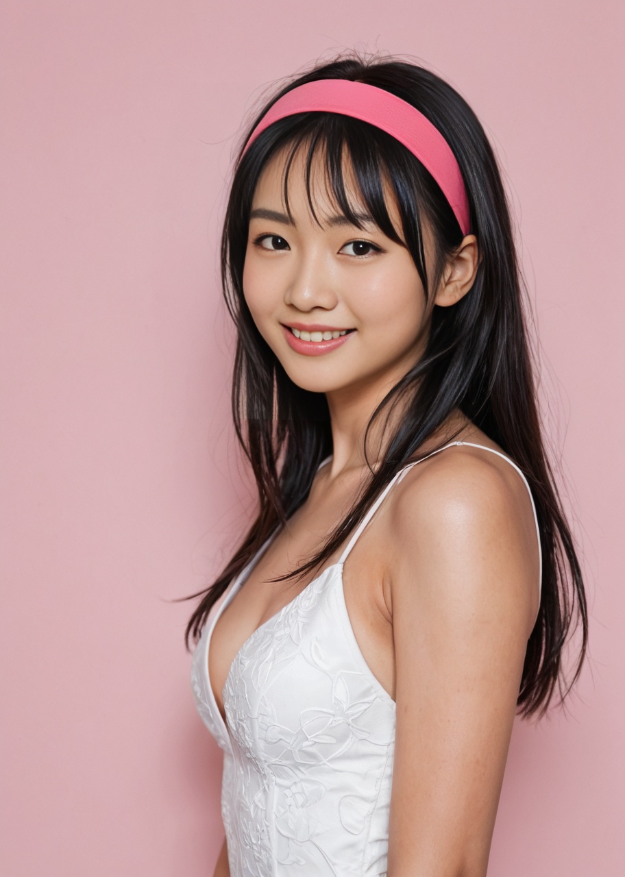 Video of a young Asian woman with long black hair, wearing a pink headband and a white dress, smiling softly. Pink floral wallpaper background.