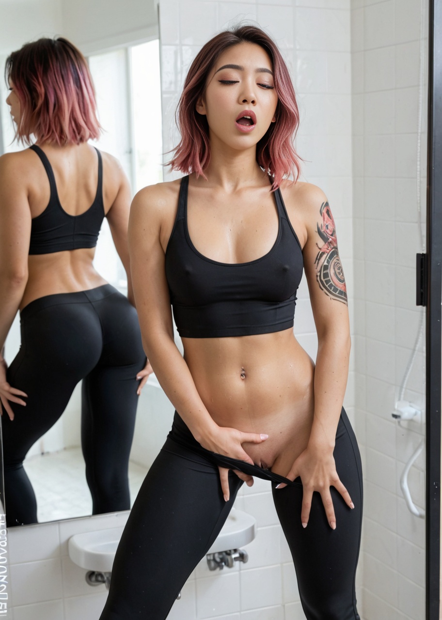 A petite Asian legal teen girl, 18, with short dyed pink hair and tribal tattoos on her thighs, stripping out of tight yoga pants in a public park bathroom, fingering her wet pussy vigorously while moaning loudly against the mirror.