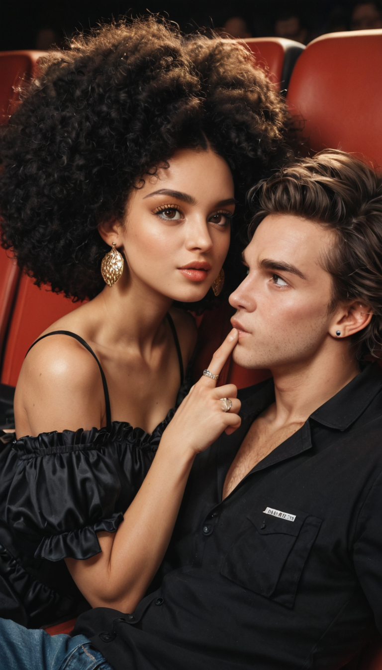 A petite mixed-race girl with afro puffs and finger rings sucks off two guys simultaneously in a movie theater, her hand stroking one while her mouth works the other hungrily.