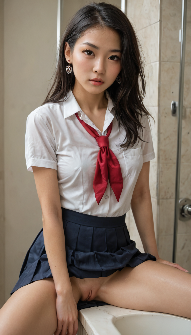A petite Asian girl with long black hair and small perky breasts eagerly deepthroating a thick cock while on her knees in a steamy bathroom, her tight school uniform skirt hiked up exposing her shaved pussy dripping with arousal.