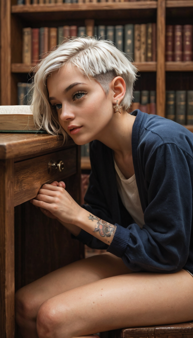 A petite white girl with platinum pixie cut and star ankle tattoos experiments in a college library, sneaking under a table to give a discreet handjob that escalates to her riding him quietly amid the bookshelves.