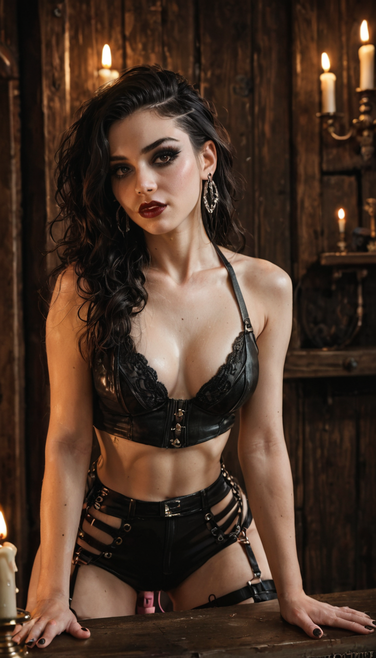 A pale goth girl with jet-black hair and septum piercing explores her sexuality in a candlelit attic, using a vibrator on her clit while a dominant partner ties her up and thrusts into her from behind relentlessly.