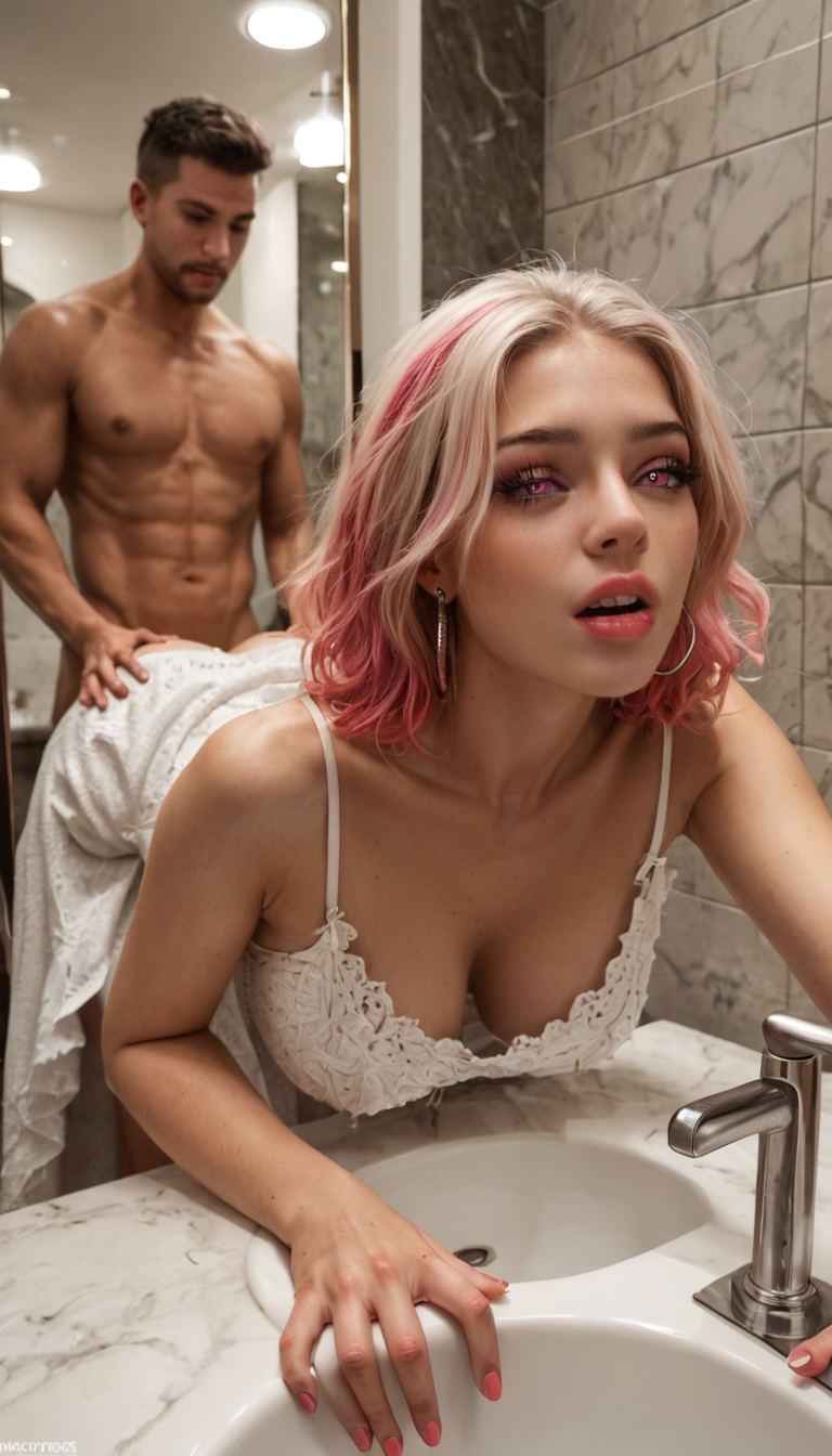 A hourglass-shaped white girl with pink highlights and lip ring, in a nightclub bathroom stall bent over the sink taking it from behind, dress bunched up and mirror reflecting her O-face during pounding.