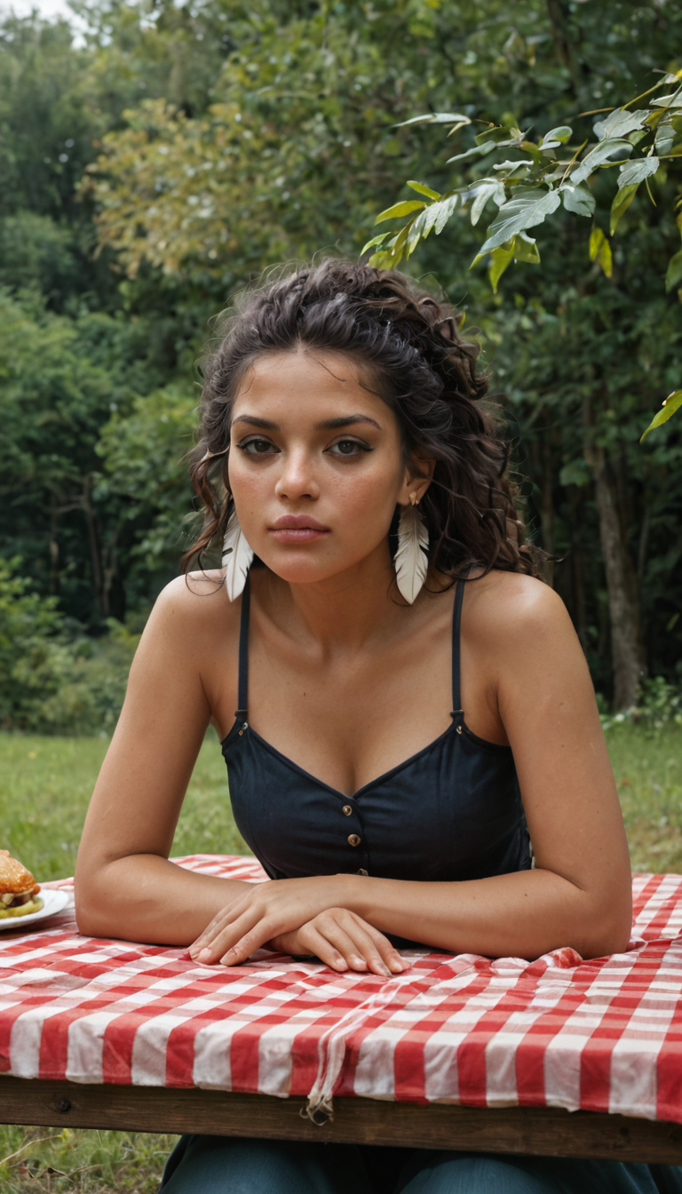 A lean Native American girl with straight raven hair and feather earrings bends over a picnic table in the woods, getting railed hard as leaves rustle with their frantic rhythm.