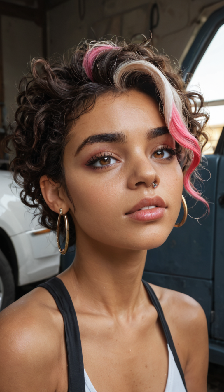 A compact Latina girl with pink-streaked hair and nose ring rides a mechanic's cock on his garage workbench, tools scattered as she grinds hard, creaming all over his veiny shaft.