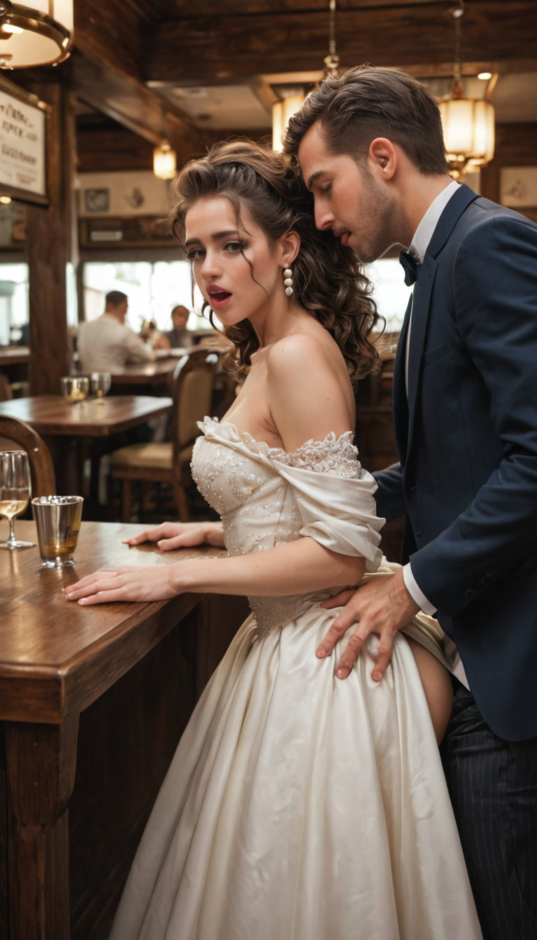 A elegant white girl with chestnut bob and pearl earrings elegantly transitions to sloppy head in a fine dining restaurant booth, her elegant dress pulled aside as she prepares for under-table penetration.