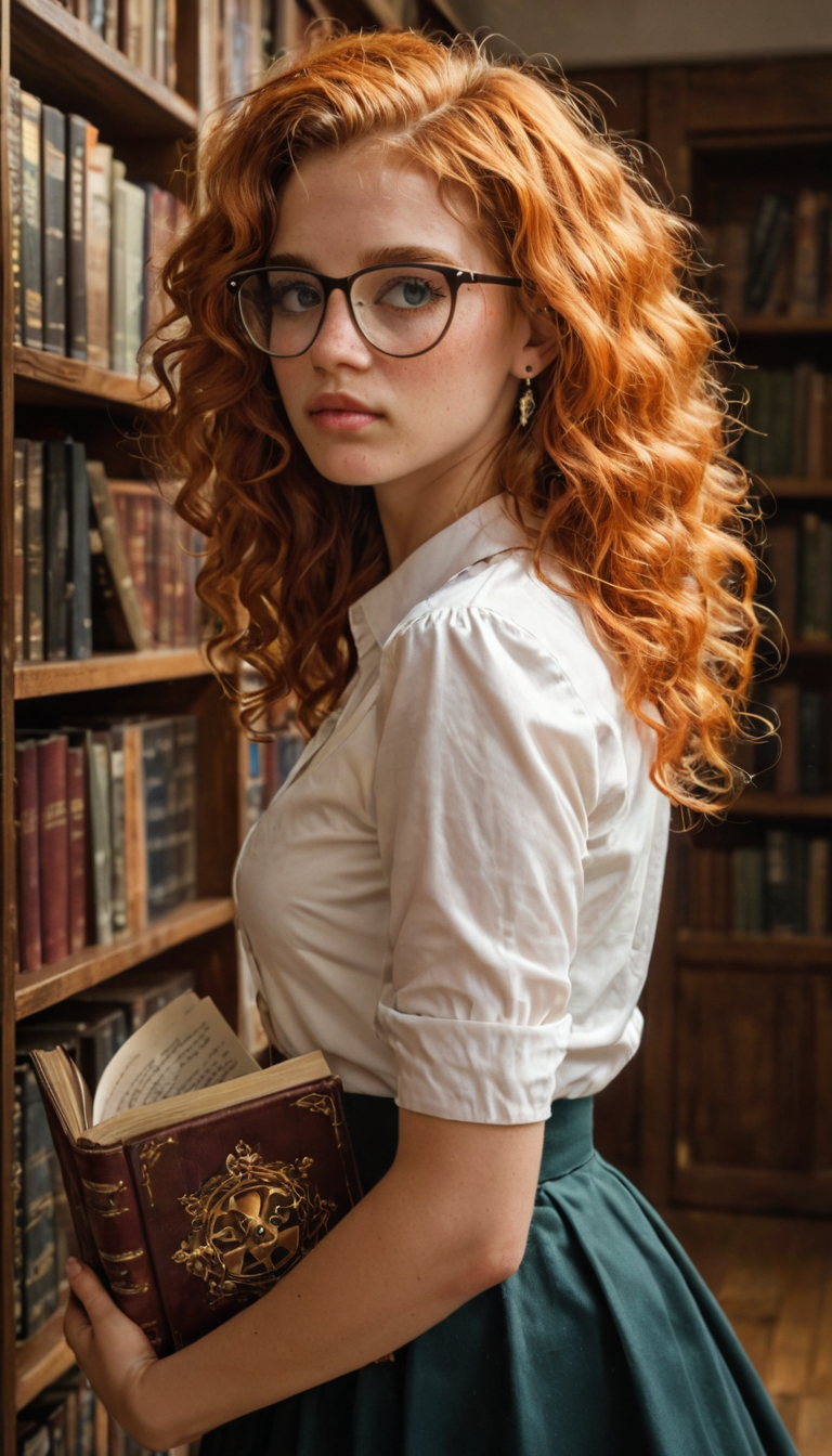 A shy-looking white girl with ginger curls and glasses lies back in a library aisle, skirt hiked up as a bookish guy eats her out before slamming into her tight entrance, books scattering in ecstasy.