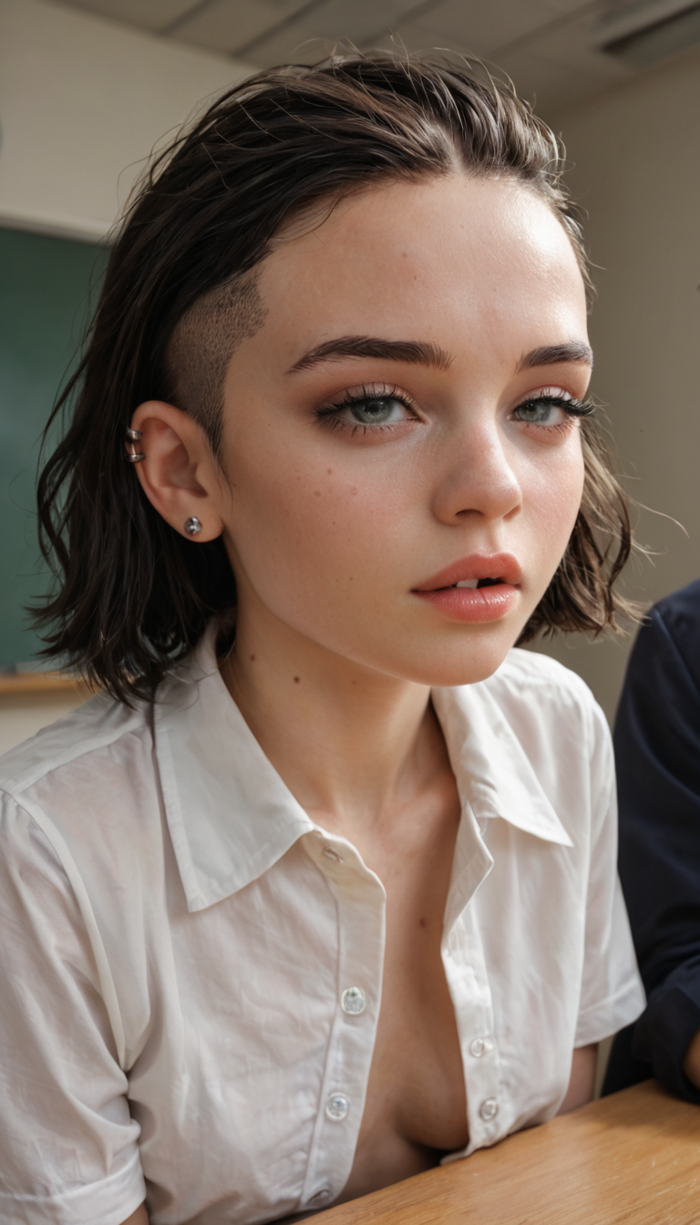 A petite Black girl with shaved head and multiple ear piercings, in a schoolgirl blouse unbuttoned, bounces on a lap in a classroom desk, her tiny frame shaking from the intense pounding.