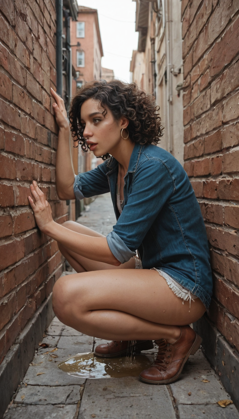 A petite Middle Eastern girl with curly dark hair and almond eyes squats in an alleyway, peeing on the ground before a man fucks her roughly against the wall, her juices mixing with the stream.
