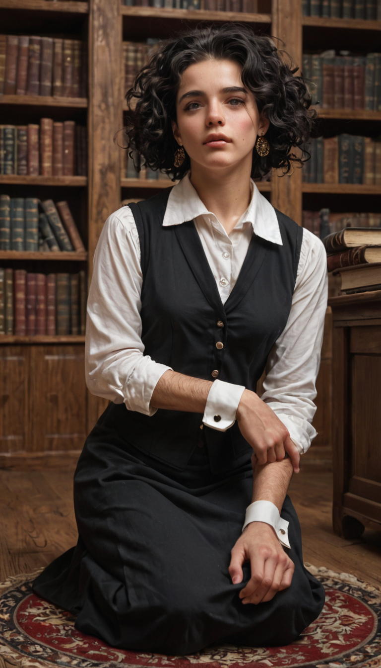 A lean Hispanic girl with straight black hair and wrist cuffs kneels in a library corner, gagging on a patron's erect shaft while he fists her slick entrance, books scattered around.