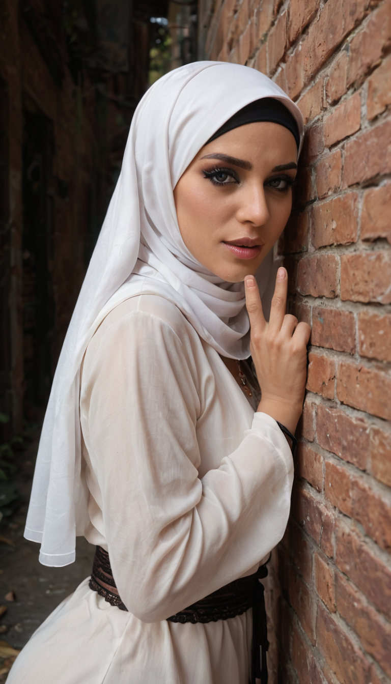 A curvy Middle Eastern girl with hijab partially removed and eyeliner smudges in a dimly lit alley, pressing against a wall as a stranger hikes her robe to finger and then penetrate her sopping heat urgently.