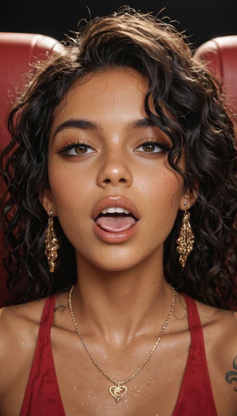 A petite Latina girl with long wavy black hair and small tattoos rides a stranger's face in a movie theater seat, grinding her soaked slit against his tongue while stifling her screams of delight.