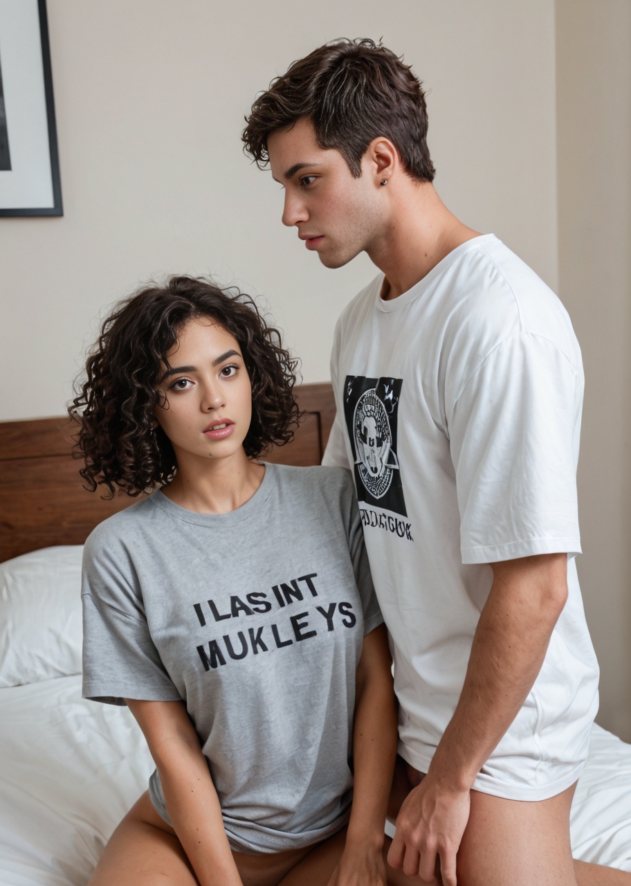 A short Hispanic teen with curly dark hair and multiple ear piercings, bottomless in an oversized t-shirt, scissoring passionately with another teen girl on a college dorm bed before a guy joins to fuck both their soaked pussies alternately, bodies entangled in sweaty bliss.