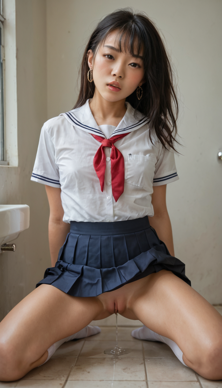 A petite Asian girl with black hair and small breasts eagerly sucks a thick cock while kneeling in a school bathroom, her school uniform skirt hiked up exposing her shaved pussy dripping with arousal.