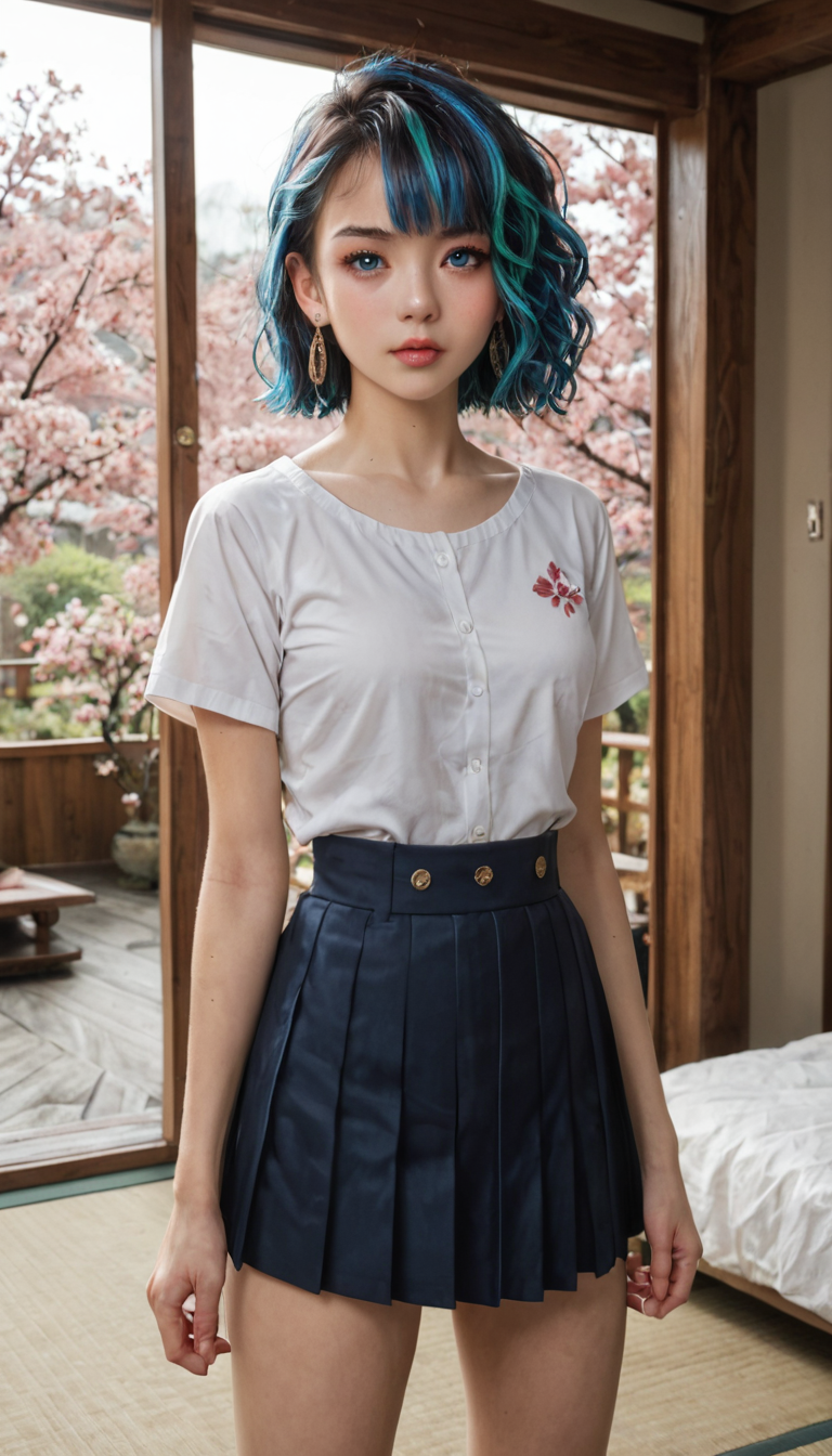 A youthful Japanese girl with blue-streaked bob and cherry blossom temporary tattoos, wearing a pleated mini-skirt flipped up, gets fisted gently turning rough in a tatami room, her small frame quivering as a hand stretches her tight hole.