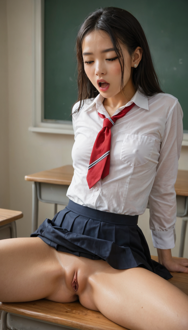 A petite Asian girl with black hair and small breasts spreads her legs wide on a school desk, eagerly fingering her wet pussy while moaning loudly, high school uniform skirt hiked up exposing her shaved slit.