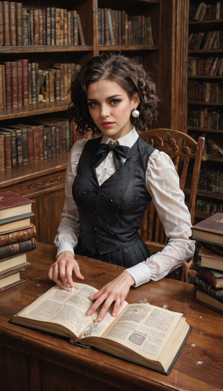 A elegant French girl with chestnut bob and pearl earrings arches her back on a library table, skirt hiked up as a thick rod hammers her sopping wet entrance, books scattering everywhere.