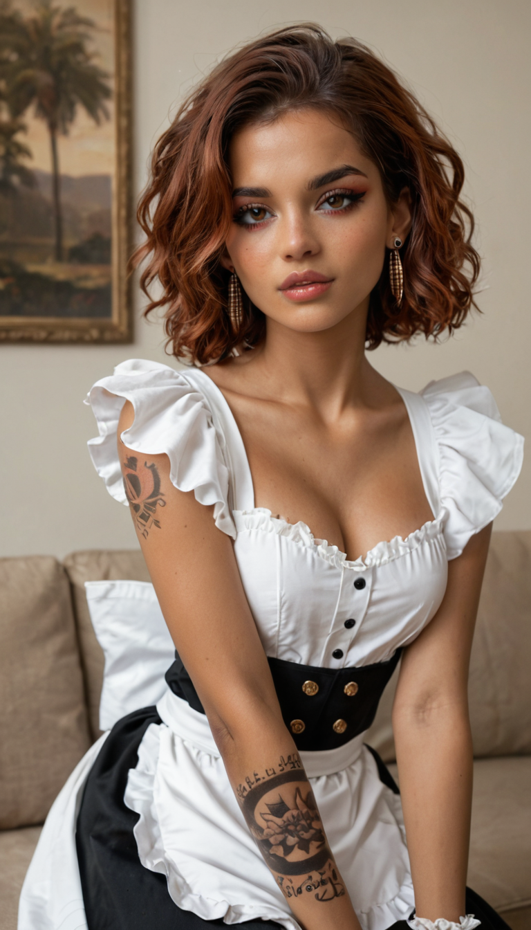 A slender Latina girl with straight auburn hair, script wrist tattoo, and maid uniform disheveled, cleaning crew fantasy gone wild as the boss bends her over the sofa and fucks her hard.