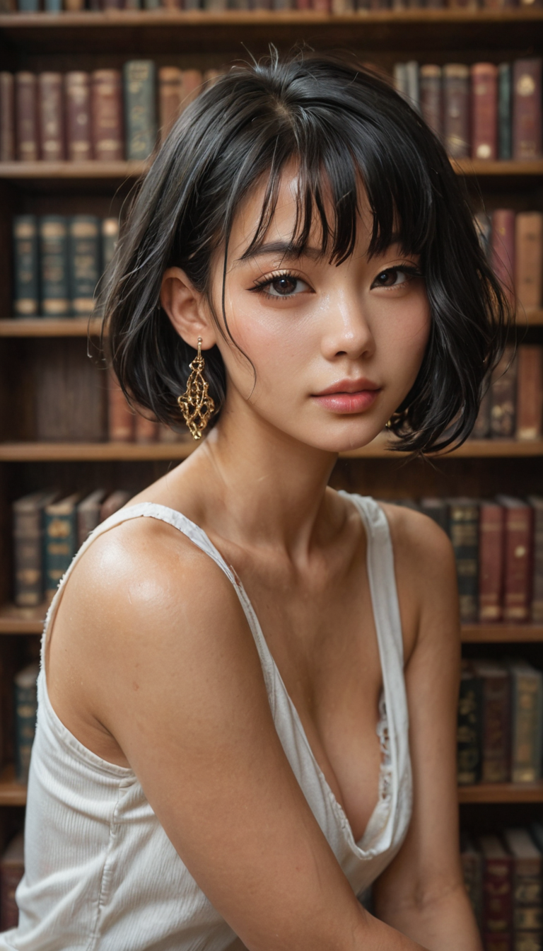 A slim Asian-American girl with bob cut black hair and subtle ear piercings lies back in the library stacks, legs over a guy's shoulders as he drills her soaked folds, books tumbling down.