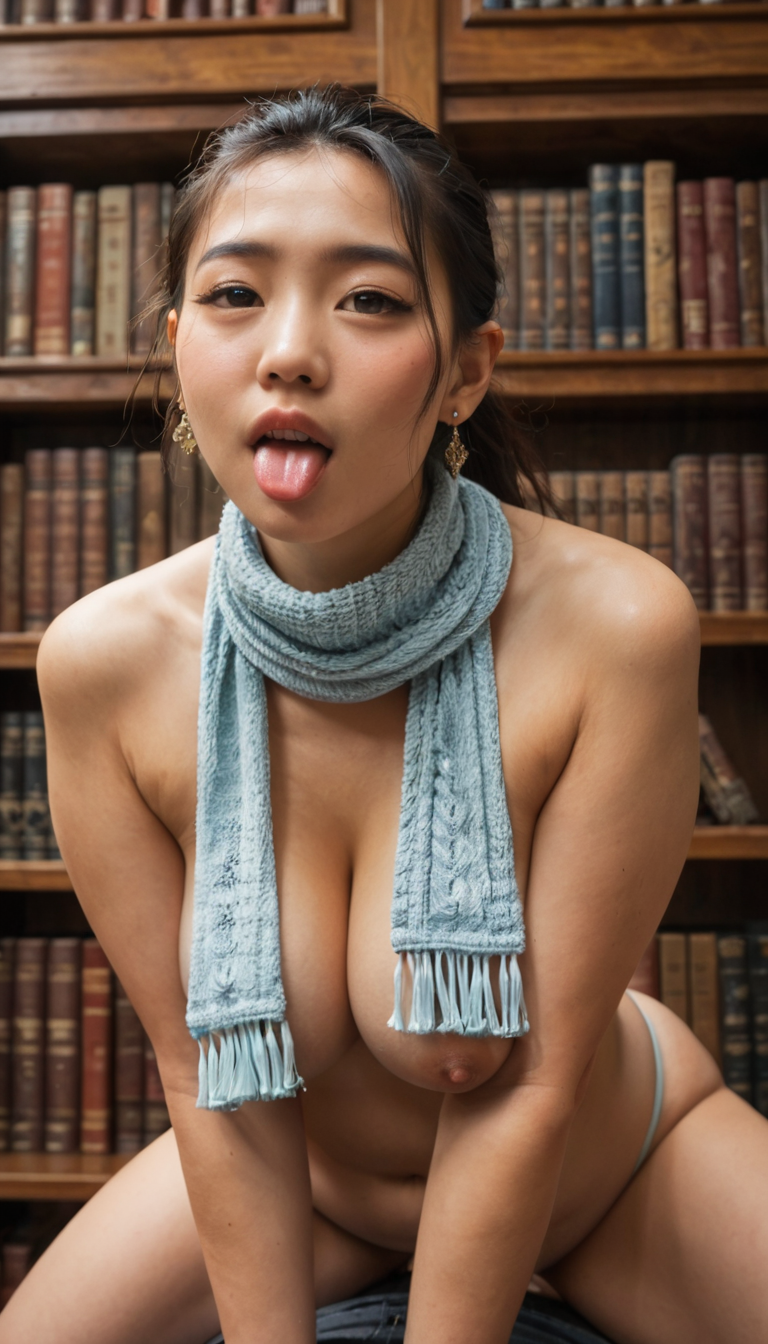 A plump Asian girl with ponytail and silk scarf in a library aisle, straddling a stud's face for a tongue-lashing on her clit before sliding down to fuck him hard against the bookshelves.