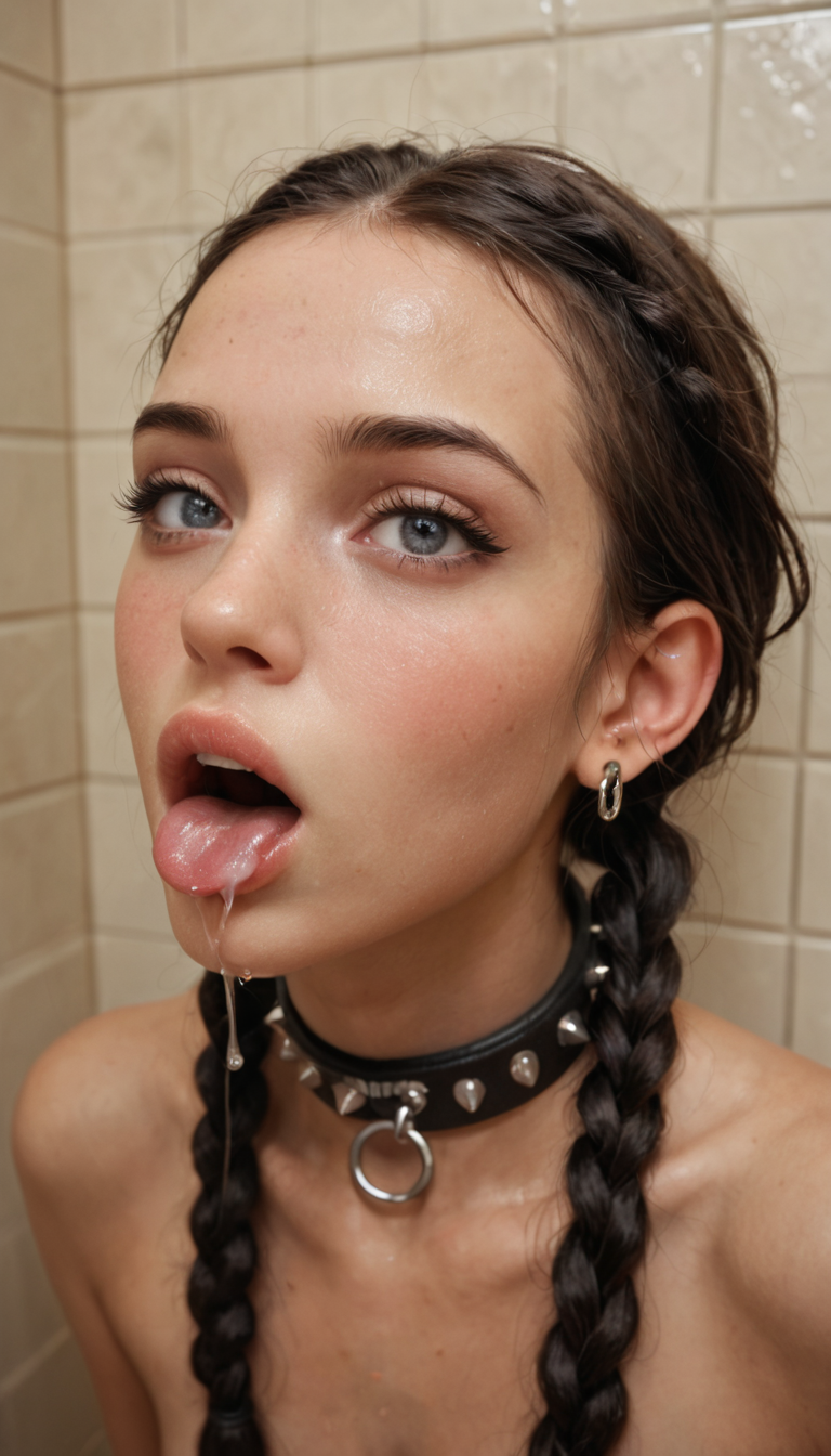 A slim Black girl with box braids and studded collar deepthroats two cocks simultaneously in a dimly lit bar bathroom, saliva dripping down her chin.