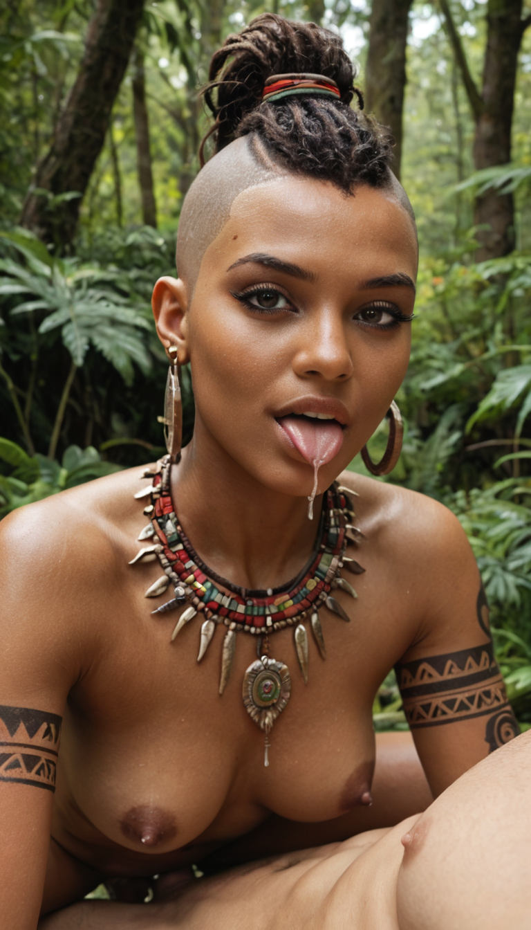 A graceful African girl with shaved head and tribal tattoos straddling a man's face in a forest clearing, grinding her dripping clit against his tongue desperately.
