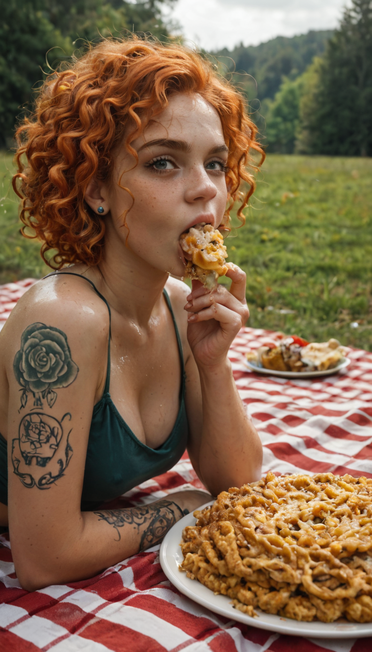 A pale Irish girl with ginger curls and back tattoos spreads eagle on a picnic blanket in the woods, a guy eating her out sloppily before slamming into her soaked entrance.
