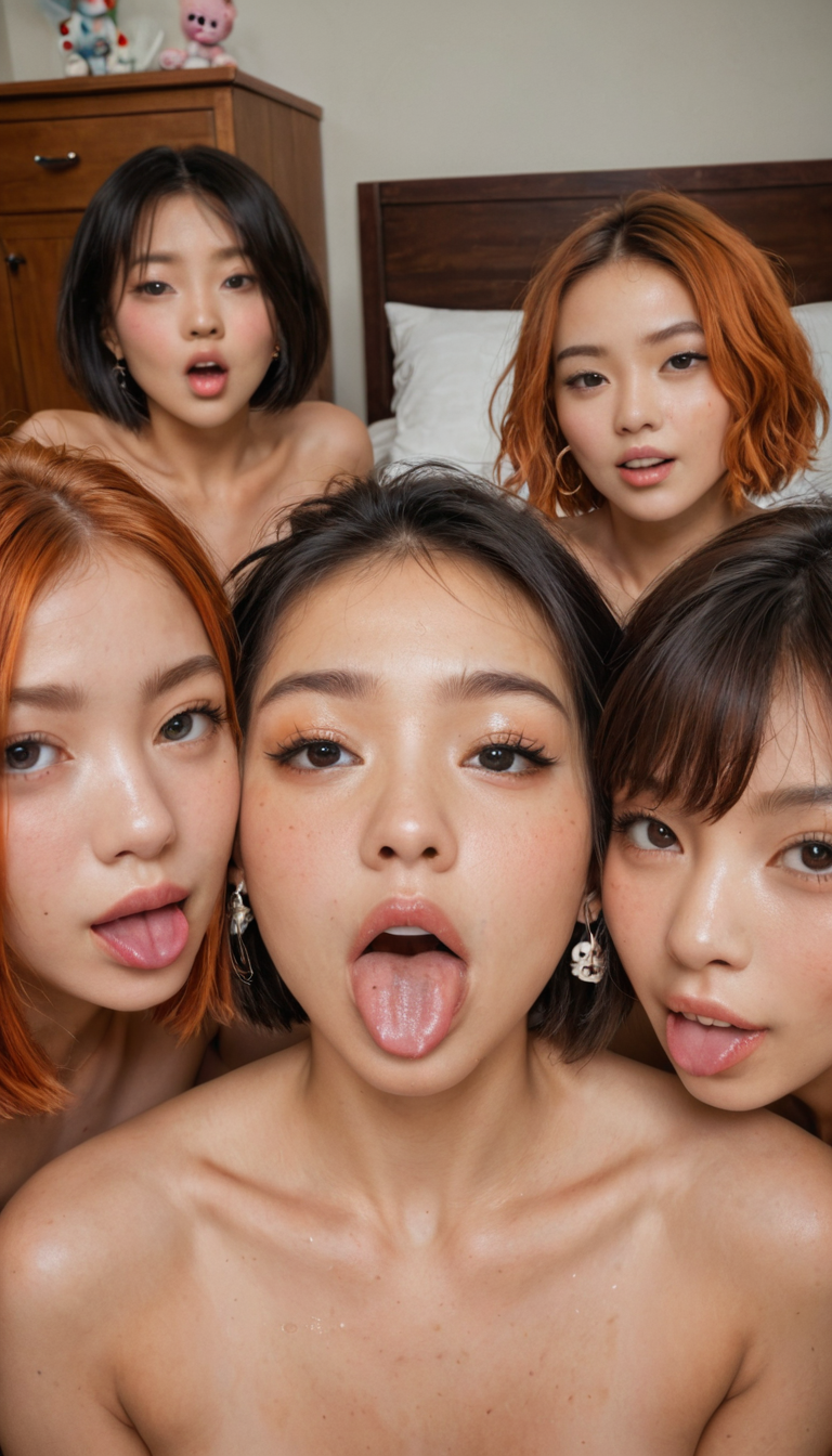 Three diverse girls—one Asian with bob cut, one black with dreads, one white with ginger hair—engaged in a messy lesbian orgy on a dorm room floor, using toys and tongues everywhere.