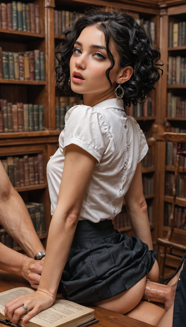 A petite Vietnamese girl with bobbed black hair and wrist piercings teases in a library corner, then bends over a table for rough sex with books scattering as her skirt rides up exposing everything.