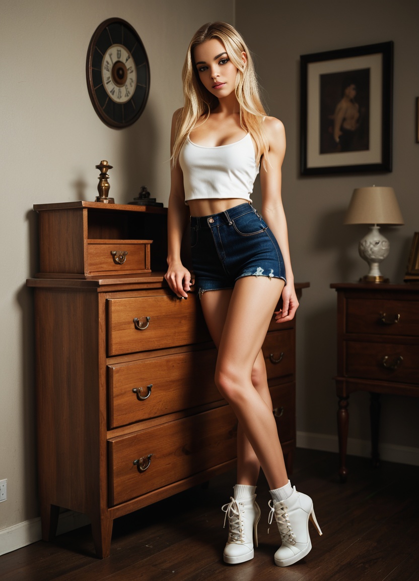 Video of a young, fair-skinned woman with long blonde hair, wearing no top, looking contemplative with a neutral expression. Background includes a dark wooden dresser with shoes and a grey wall.