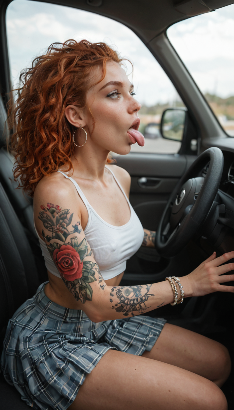 A petite redhead girl with pale skin and wrist tattoos in a fast food drive-thru car sucks a massive dick through the window, her throat bulging as she bobs hungrily before climbing in for backseat sex with her skirt hiked up.