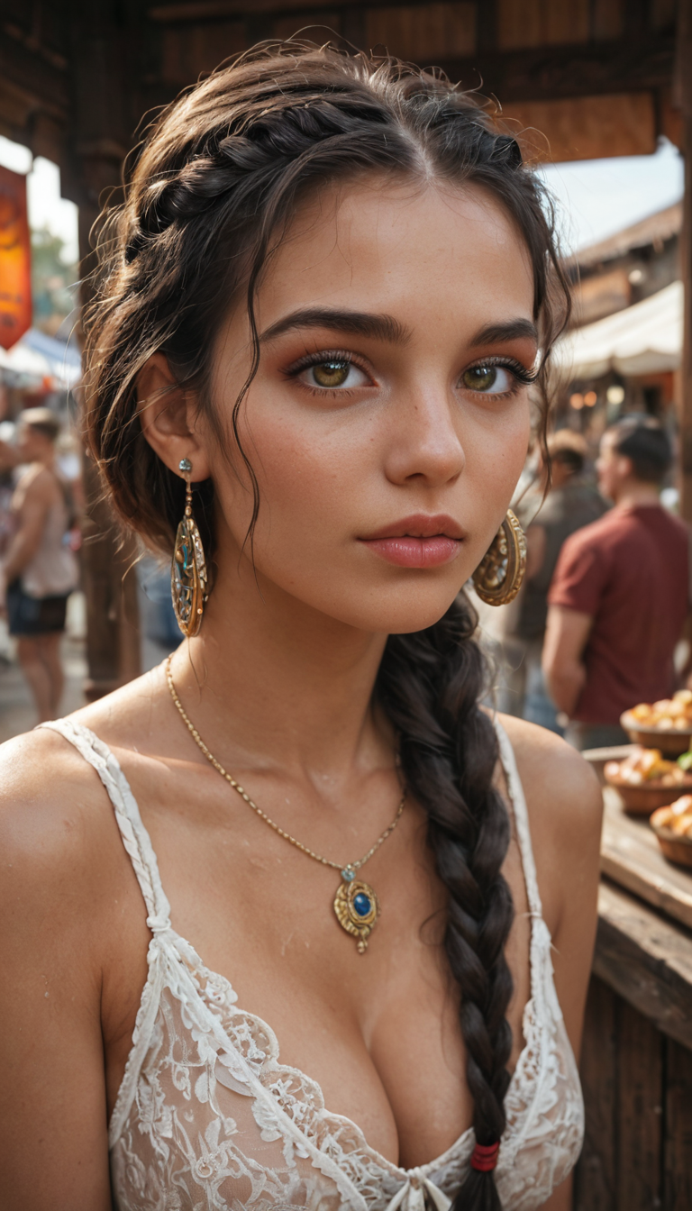 A curvaceous Indian girl with dark hair in a braid and bangles around her ankles bounces on a British man's dick in a bustling market stall, hidden from view.