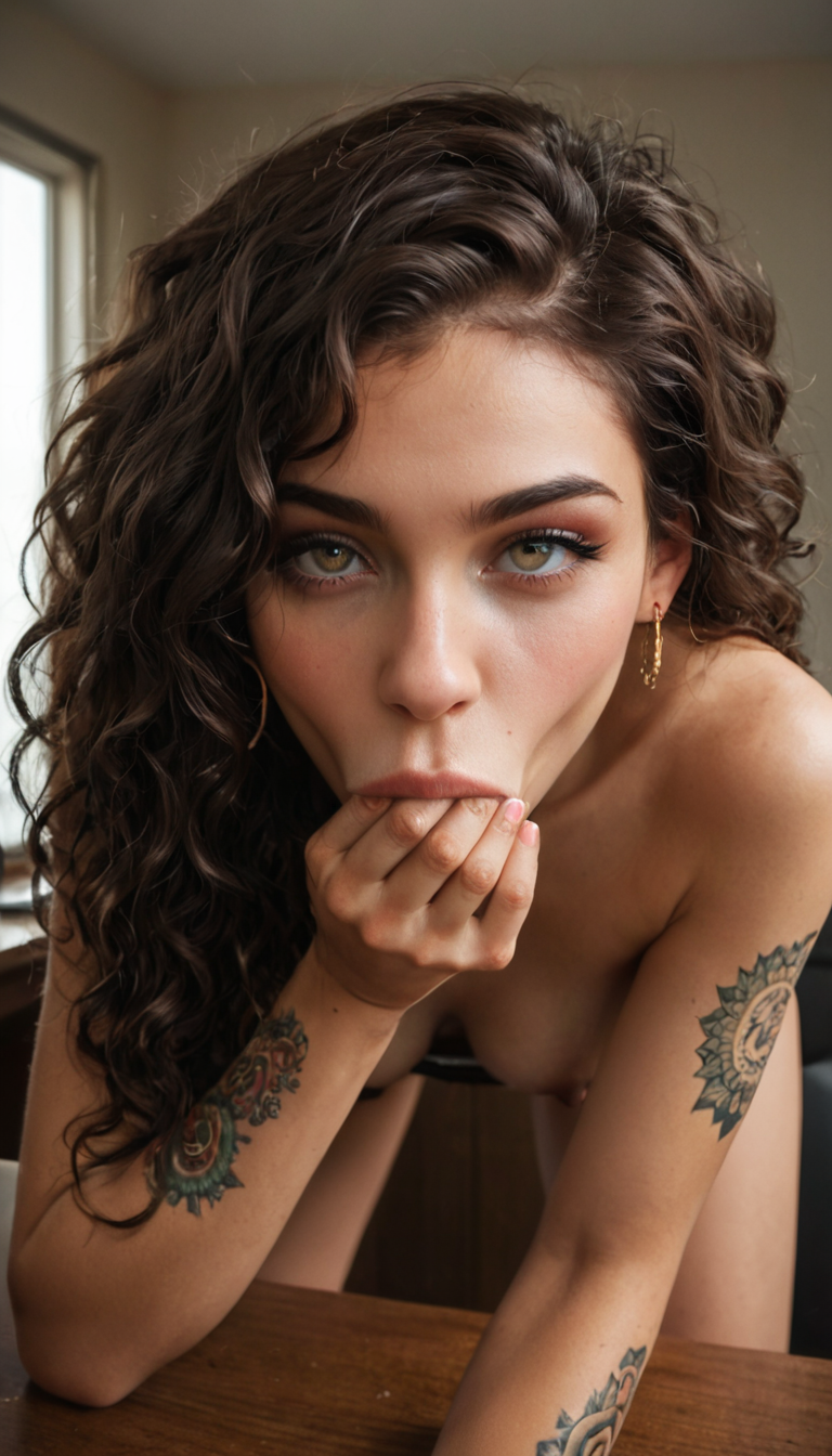 A slender Indian girl with wavy dark hair and henna tattoos, bent over a desk in the office sucking off her boss, his cum shooting down her throat as she swallows hungrily.