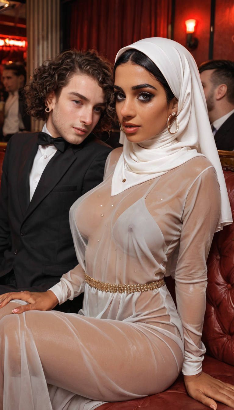 A exotic Middle Eastern girl with dark curls and kohl-lined eyes in a sheer hijab pushed aside, bouncing on a lap in a crowded nightclub booth.