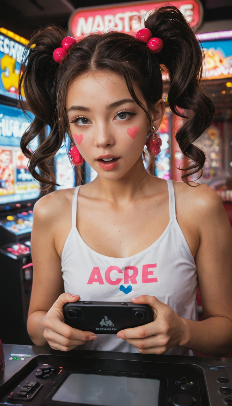 A playful Japanese girl with twin pigtails and kawaii stickers on her phone bends over a arcade machine, getting fingered and fucked hard amid flashing lights.