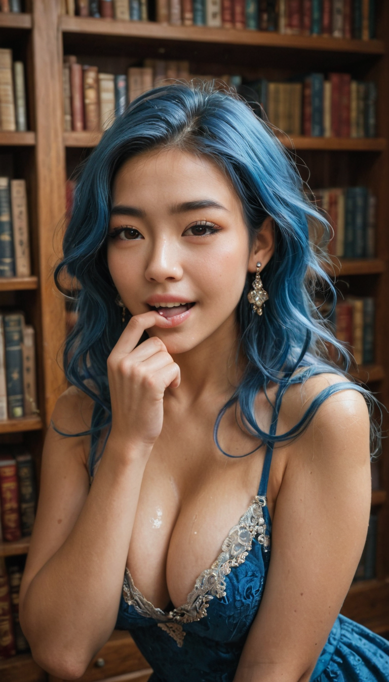 A curvy Asian girl with long dyed blue hair and ear gauges in a library aisle hikes her dress, secretly getting finger-fucked to squirting while biting her lip to stifle screams.