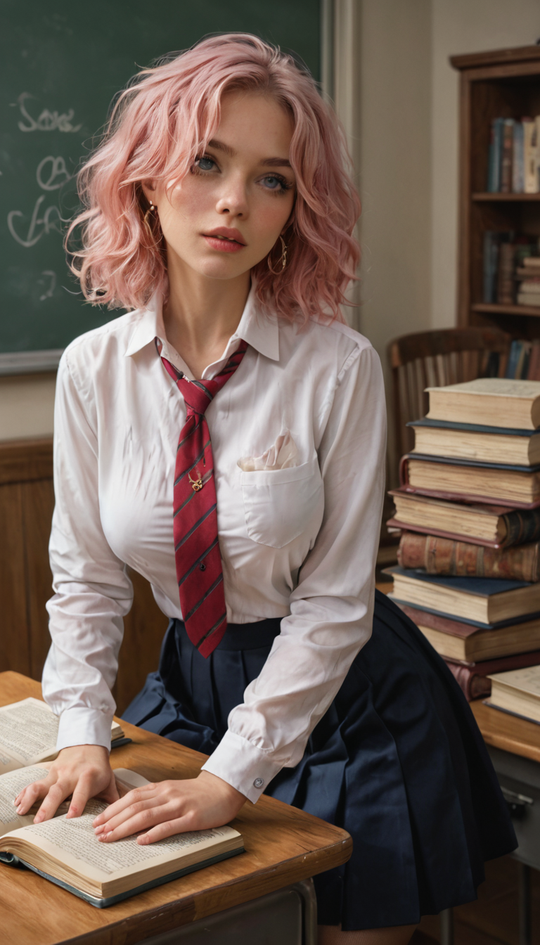 A pale-skinned Scandinavian girl with short pink hair strips out of her school uniform and rides a teacher's massive dick on his desk after class, books scattering everywhere.
