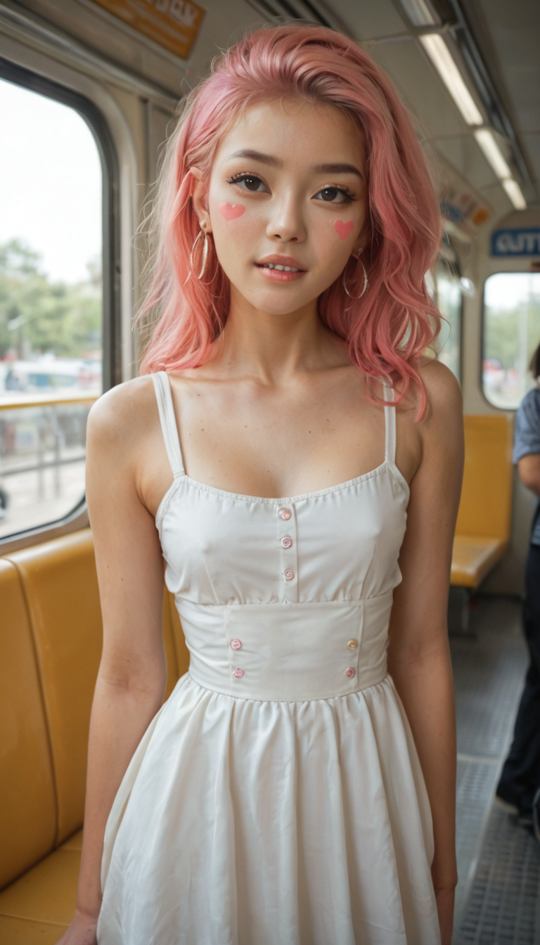 A slender Asian girl with pastel pink hair and flower stickers on her skin, wearing a sundress hiked to her waist, gets eaten out and vibrated to orgasm on a subway seat by her secret lover, biting her lip to stay quiet.