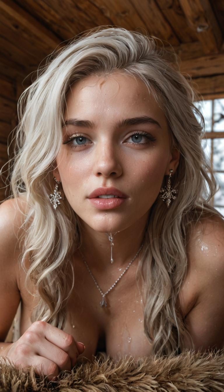 A delicate Russian girl with platinum blonde bob and lip piercing fingers her wet clit while getting eaten out by a bearded guy on a snowy cabin rug.