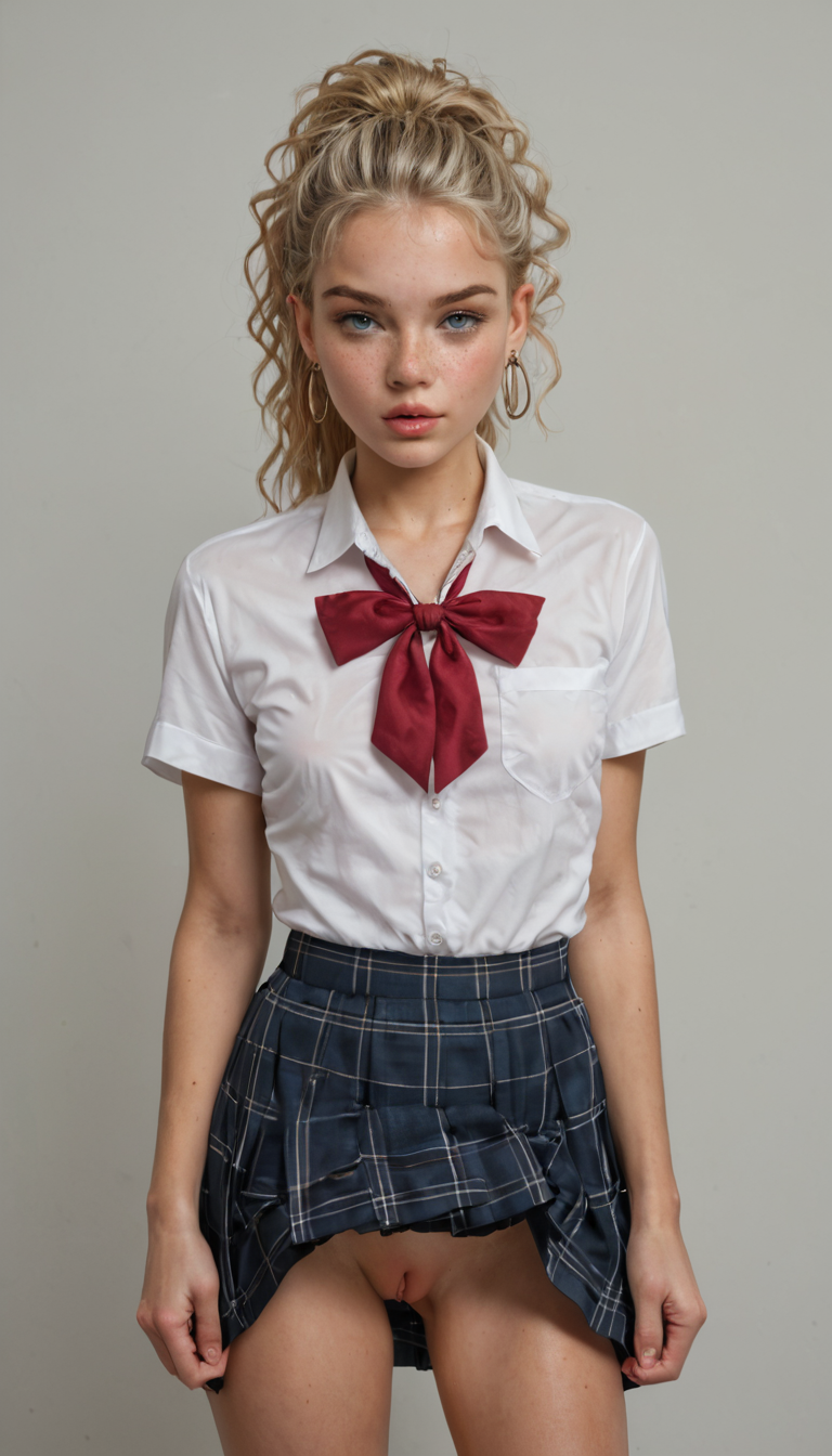 A petite Caucasian girl with blonde ponytail and freckles sucks on a veiny dick in a college dorm, her school uniform skirt flipped up exposing her shaved pussy dripping with anticipation.